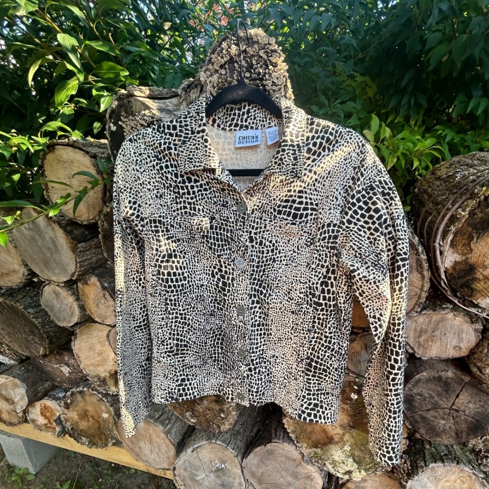 Chico's Design Jacket Cotton Reptile Print Button Up Y2K Mob Wife Chic 0 XS
